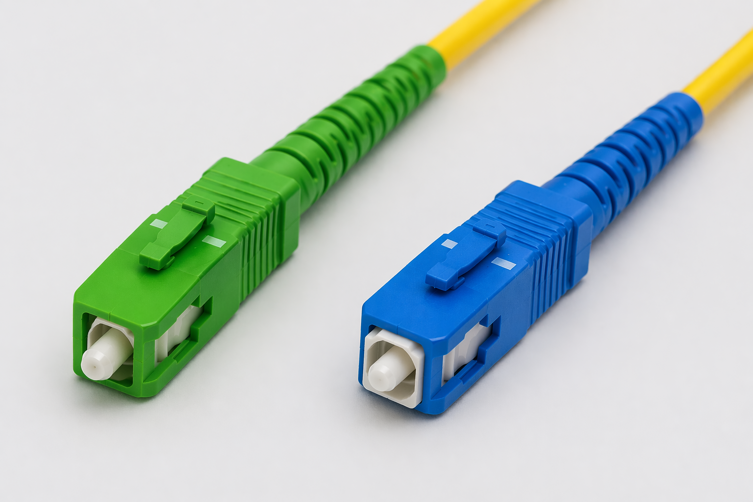 Close up of an UPC and APC Fiber cable SC